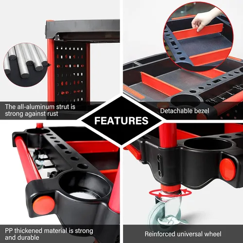 Vista 3 de Carrito de Detallado de Automóviles con Ruedas – Organizador Utilitario Móvil Resistente de 3 Niveles para Lavado de Autos y Reparaciones