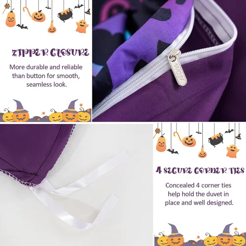 Vista 5 de Menghomeus Juego de ropa de cama de Halloween, tamaño King, color negro, juego de funda de edredón con diseño de calabaza y fantasma de dibujos