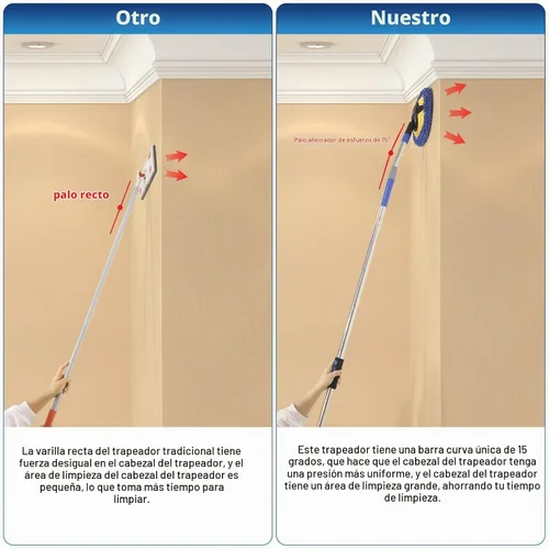 Vista 4 de Limpiador de Pared, Trapeador de Pared de Máximo 66'' con Mango Largo, Trapeador de Polvo para Techo con Poste de Extensión de Codo Ahorrador