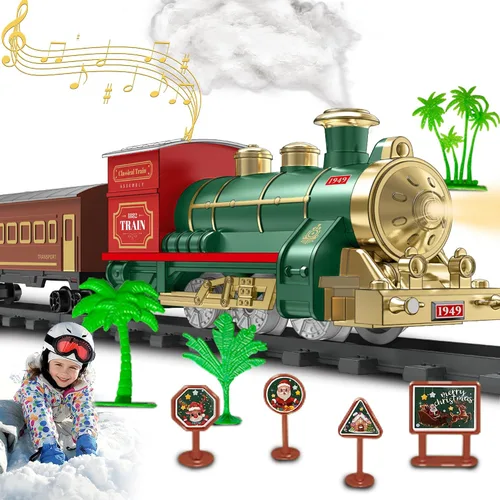 Vista 6 de Juego de Tren Eléctrico de Juguete para Niños, Juego de Tren de Navidad con Humo y Sonido para Debajo del Árbol Navideño, Modelos de Trenes