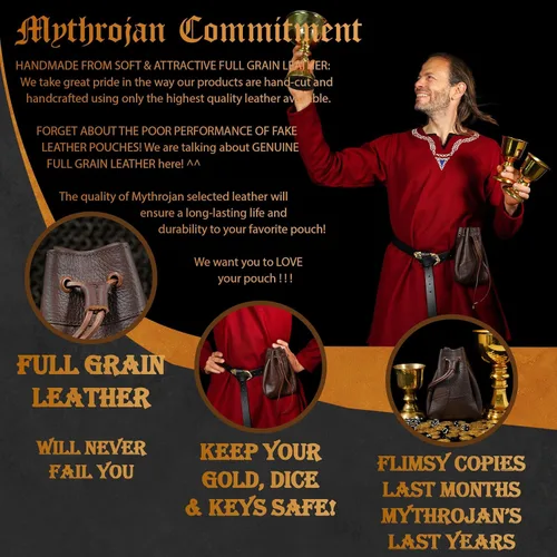 Vista 4 de Mythrojan Bolsa medieval con cordón, ideal para SCA LARP Reenactment & Ren fair cuero de grano completo