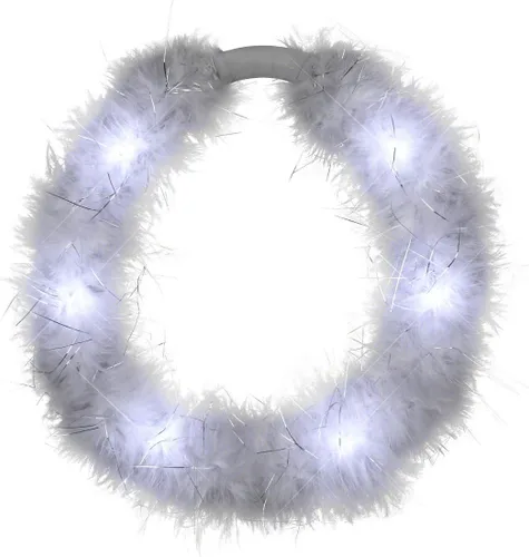 Vista 2 de Diadema con halo de ángel blanco con plumas de marabú y luces LED blancas