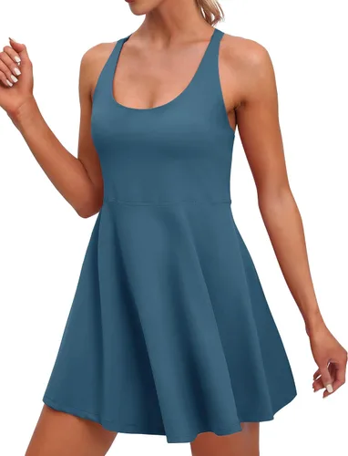 Vista 2 de IUGA Vestido de tenis para mujer, pantalones cortos integrados y brasier con tirantes ajustables, vestido de entrenamiento con bolsillos, vestidos
