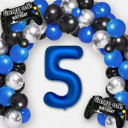 Vista 3 de Suministros de fiesta de videojuegos azul marino para decoración de fiesta de 5º cumpleaños para niños, 2 paquetes de globos de juego con globo azul