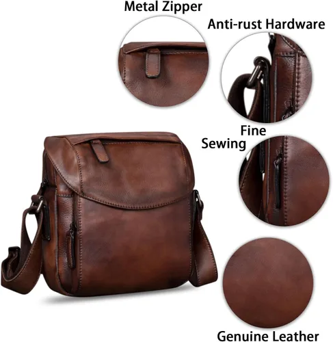 Vista 6 de IVTG Bolso de mensajero de cuero genuino para hombre, bolso de hombro cruzado, bolso casual para el trabajo, negocios, diario