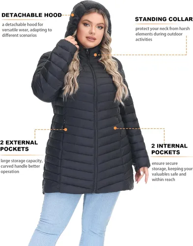Vista 5 de ROYAL MATRIX Chaqueta acolchada plegable para mujer, ligera, cálida y acolchada con capucha desmontable