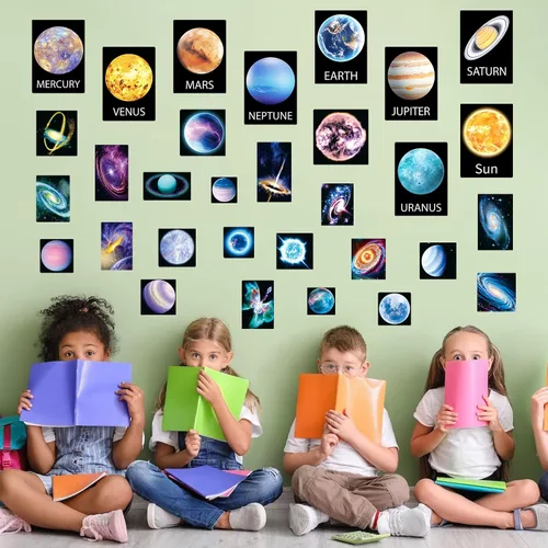 Vista 4 de Calcomanía de pared que brilla en la oscuridad, estrellas y planetas para techo, galaxias luminosas, sistema solar, decoración espacial, planetas