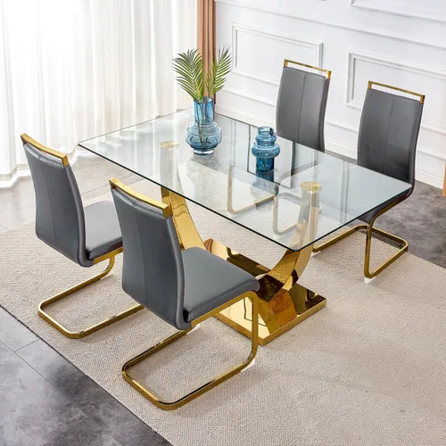 Vista 19 de Juego de mesa de comedor de 63 pulgadas para 4, juego de mesa de comedor dorado moderno para 4, juego de mesa de cocina de mármol sintético