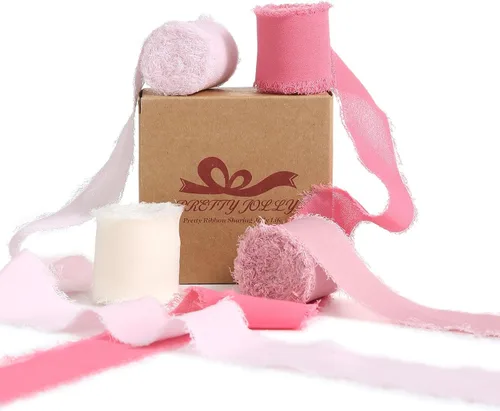 Vista 21 de Pretty Jolly Cinta de gasa beige para envolver regalos, 3 rollos de 2 pulgadas x 7 yardas, cinta de tela de seda hecha a mano con flecos para ramo