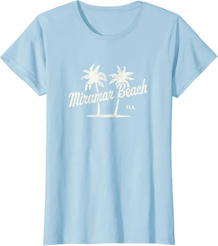 Vista 28 de Miramar Beach Florida Vintage 70s Palm Trees - Camiseta gráfica, Azul / Patchwork, S