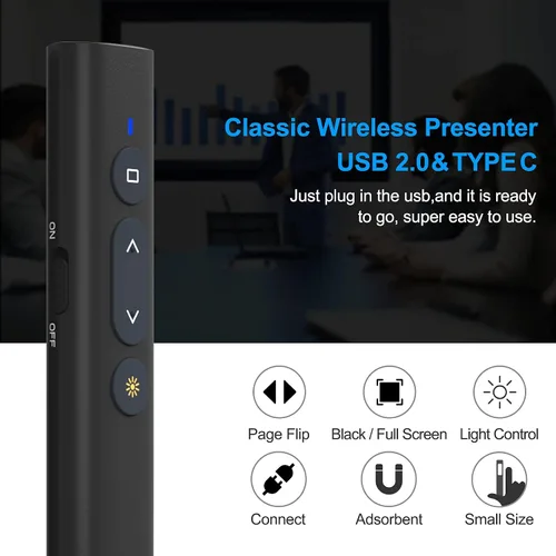 Vista 3 de Clicker para presentaciones de PowerPoint, TIBURN 100 pies Clicker de presentación USB/USB-C 2 en 1 Diapositivas Clicker