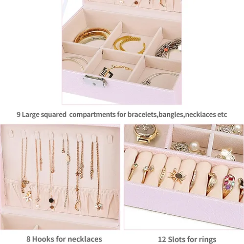 Vista 3 de Cajas de joyería para mujer caja organizadora grande de piel sintética caja de almacenamiento de joyas de 2 capas con cerradura caja de joyería rosa