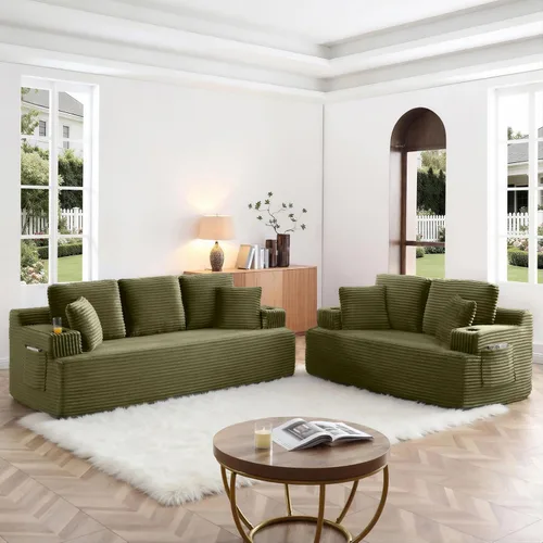 Vista 46 de Sofá sin hueso de 66.5 pulgadas con portavasos y bolsillos laterales, sofá biplaza tapizado de tela de pana moderna con 2 almohadas para sala