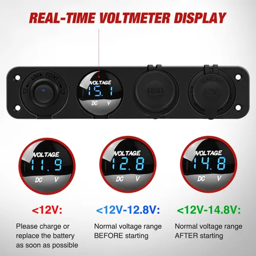 Vista 3 de Nilight - Panel de enchufe de salida 4 en 1, 12V CC, 4.8A, voltímetro LED, interruptor basculante de encendido y apagado con luz, encendedor