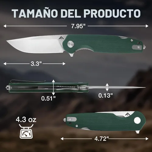 Vista 5 de FLISSA VERSA Cuchillo de bolsillo multiherramienta con hoja D2 de 3.3 Verde
