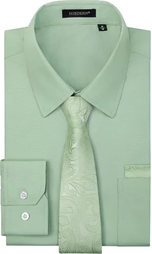 Vista 13 de HISDERN Mens Dress Shirt with Tie Pocket Square Set Classic Button Down Shirt Matching Tie Long Sleeve Shirts 08-verde