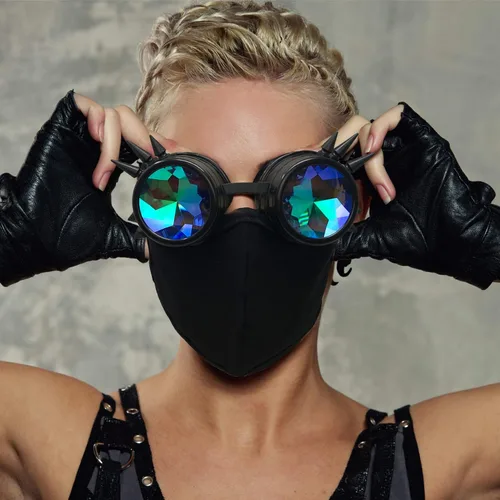 Vista 2 de Cyber Goth Punk Steampunk face mask-Reusable Black Cotton-Rave Goggles-Glasses Estilo #1