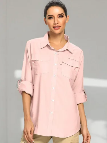 Vista 8 de Camisas Safari de manga larga con protección solar UV UPF 50 para mujer 6 Rosa