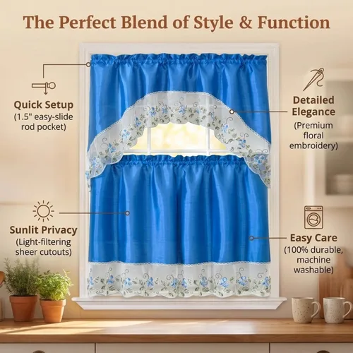 Vista 5 de YHSF Set de cortinas de cocina de 3 piezas con cenefa - Juego de cortinas de ventana de 2 niveles y cenefa con diseño de bolsillo para barra