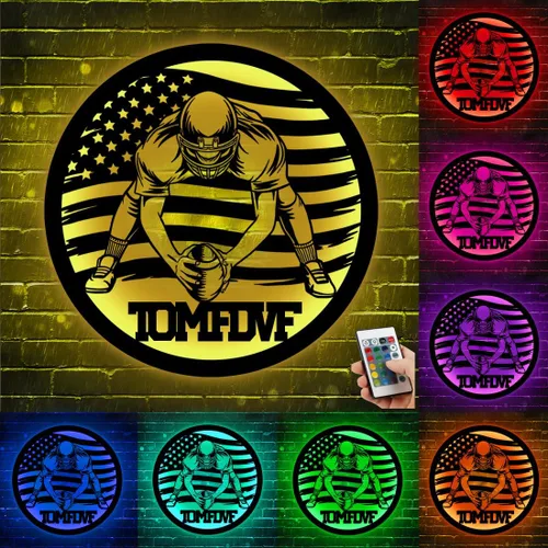 Vista 4 de Letrero de metal personalizado para jugador de fútbol con luz LED, nombre y número personalizado, arte de pared de fútbol, letrero de neón