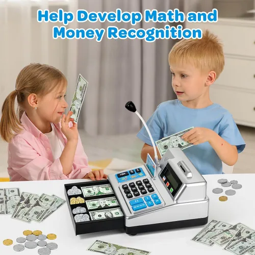 Vista 5 de Calculadora Caja Registradora de Juguete Regalo para Niños de 3, 4, 5, 6, 7, 8+ Años, Juego de Tienda de Comestibles de Simulación de 103 Piezas