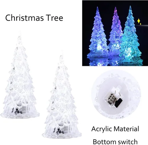 Vista 3 de Árbol de Navidad de cristal, 3 piezas de acrílico de 6.5 pulgadas, pequeño adorno de árbol de Navidad con luz LED que cambia de color, luz nocturna