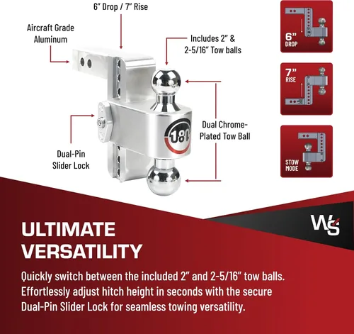 Vista 4 de Enganche de caída 180 CTB6-2 de aluminio ajustable de 6" y bola de acero cromado para receptor de 2", 12,500 GTW
