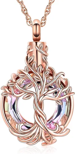Vista 9 de shajwo Collar de cenizas de urna de cremación del árbol de la vida para mujeres y hombres, círculo de la vida, cristales de cremación, colgante