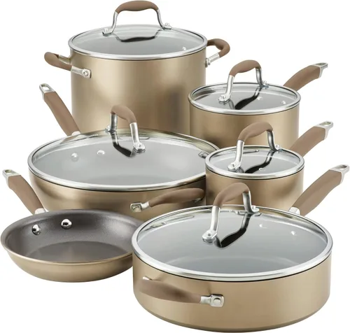 Vista 16 de Anolon Advanced Home - Juego de ollas y sartenes antiadherentes anodizados duros, 9 piezas, color bronce Fácil liberación de alimentos