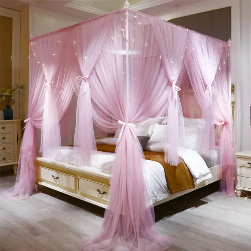 Vista 9 de VETHIN - Dosel de cama de 4 esquinas con diseño de princesa, cortina de cama de doble capa con diseño de red acogedora, mosquitero de 4 aberturas