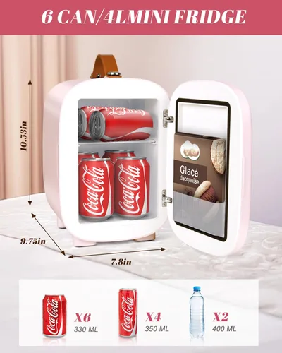 Vista 2 de Mini refrigerador para dormitorio, refrigerador de 4 litros/6 latas para el cuidado de la piel con espejo LED y asa de transporte de cuero
