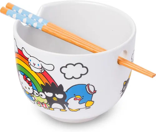 Vista 105 de Silver Buffalo Hello Kitty y sus amigos Chococat - Tazón de cerámica para ramen y arroz con palillos, patrón a cuadros, apto para microondas, 20