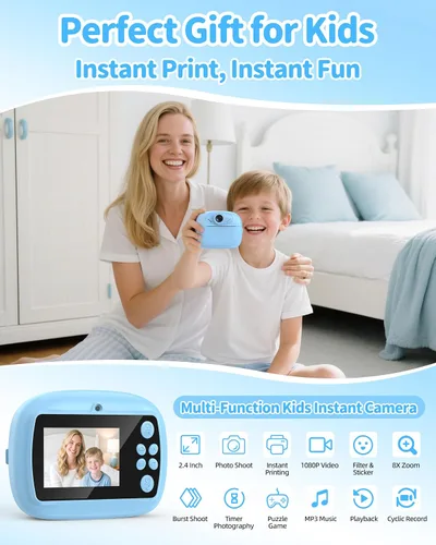 Vista 2 de Cámara de impresión instantánea para niños, cámara instantánea de video 1080P para niños con tarjeta SD de 32 GB, cámara de juguete, regalo de Azul