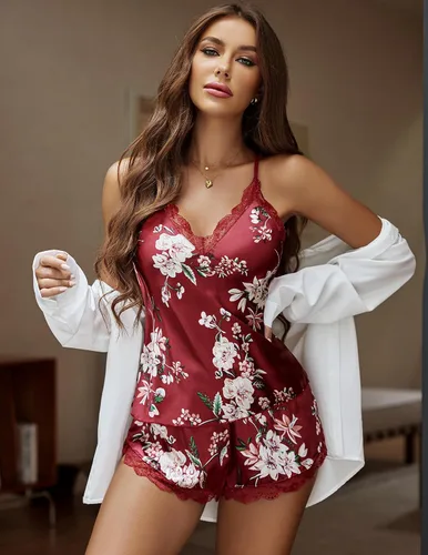 Vista 3 de Avidlove Conjunto de pijama de satén para mujer, lencería sexy, conjunto de camisola y pantalones cortos, tallas S-XXL