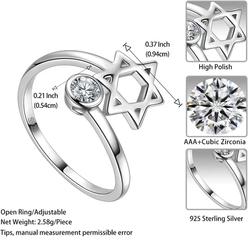 Vista 6 de Jewmon Anillo de plata de ley con estrella de David para mujer – Anillo ajustable Magen David – Amuleto Wicca – Regalos judíos