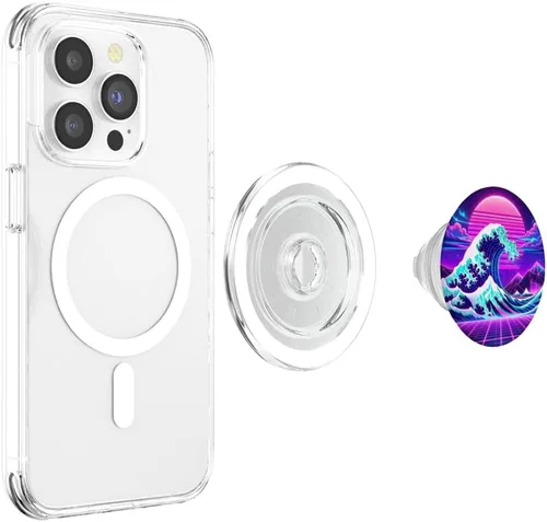 Vista 4 de Futuristic Cyberpunk Vaporwave Synthwave Great Wave Hokusai PopSockets MagSafe PopGrip for iPhone