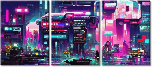 Vista 90 de Arte de pared de 3 piezas de escena de ciencia ficción de la calle comercial futurista paisaje urbano, decoración de pared para dormitorio