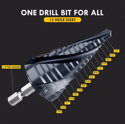 Vista 5 de Broca de cuatro Sprial Flauta M35 de cobalto, 1/4"-1-1/8" Ultra TiAIN recubierta Unibit broca, broca de vástago hexagonal de 1/4" para metal, acero