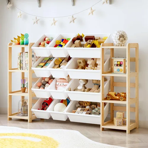 Vista 9 de MallBest Organizador de almacenamiento de madera con estantería, estante de madera de pino maciza con 12 contenedores extraíbles y estante lateral