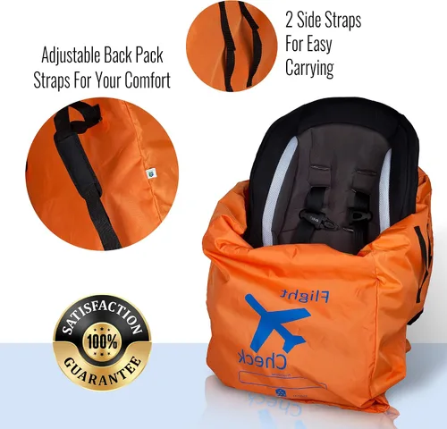 Vista 2 de Bolsa de viaje para asiento de automóvil y portaequipajes para puerta con bolsa de viaje, naranja brillante con letras azules para aeropuerto