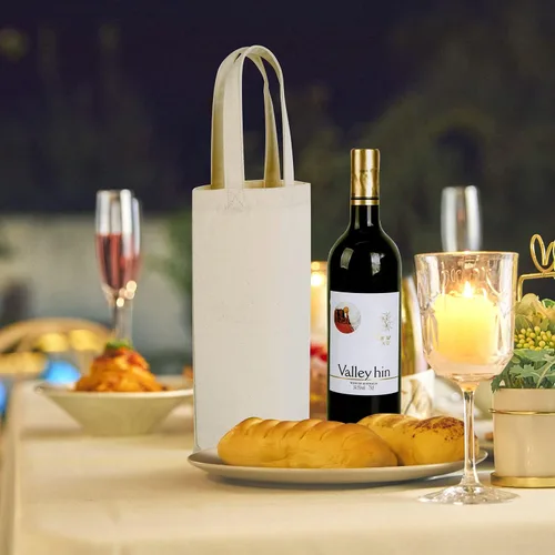 Vista 5 de Bolsa de vino, 10 x 7 x 2 pulgadas, 4 bolsas reutilizables de lona de algodón con etiqueta de cordón