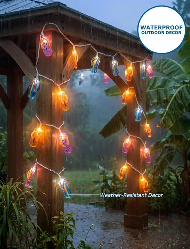 Vista 5 de Luces de cadena tricolor de pantuflas de 8.5 pies, luces de chancletas con temática de playa tropical al aire libre con 10 bombillas de plástico