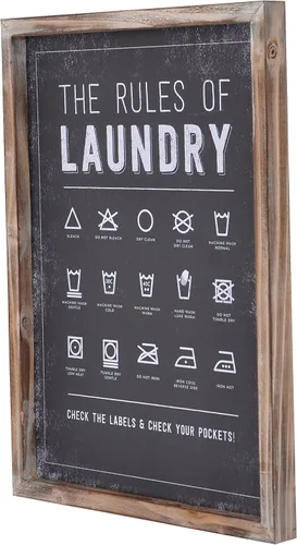 Vista 9 de Letrero de lavandería con símbolos de The Rules of Laundry para decoración y accesorios de lavandería con marco de madera rústica, decoración