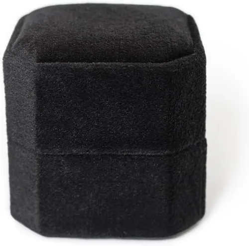 Vista 3 de Caja de terciopelo con 2 ranuras para joyería, caja de compromiso, boda, caja de recuerdo, anillo de foto nupcial, octágono de doble ranura (negro)