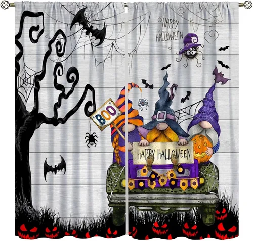 Vista 8 de Cortinas de Halloween naranja y negro de telaraña para sala de estar y dormitorio, decoración de panel de cortina de puerta para decoración