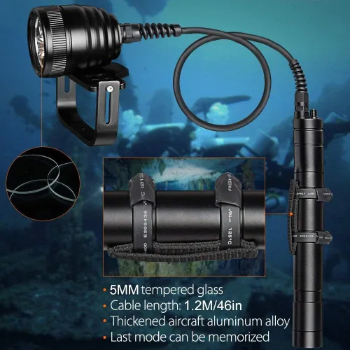 Vista 2 de SecurityIng DF06 3000LM - Luz de buceo con bote primario, 3 LED, linterna subacuática de 492 pies/492.1 ft con cable de 3.9 ft para buceo
