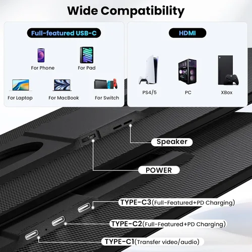 Vista 7 de Monitor portátil de 16.1 pulgadas para laptop, 1200P FHD, extensor de pantalla ultrafino horizontal vertical con soporte desmontable giratorio