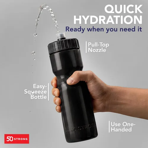 Vista 2 de Botellas de agua deportivas 50 Strong – Botellas de plástico reutilizables de 22 oz libres de BPA con tapa de tracción – Fabricadas en EE. UU.