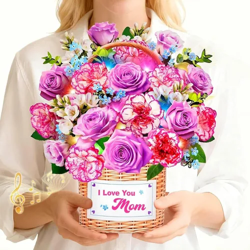 Vista 8 de MZD8391 Tarjetas de cumpleaños con música y luces, tarjeta de feliz cumpleaños, oso y margarita, ramo de flores de tamaño natural de 10 pulgadas