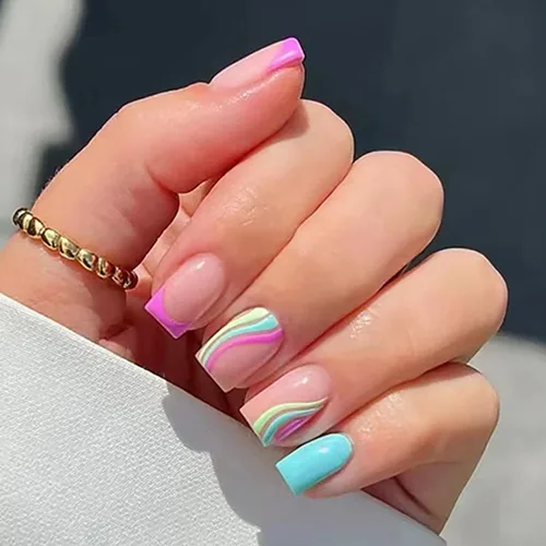 Vista 7 de Uñas postizas a presión ataúd de longitud corta, 24 piezas de cobertura completa, reutilizables, brillantes, uñas postizas con pegamento, uñas
